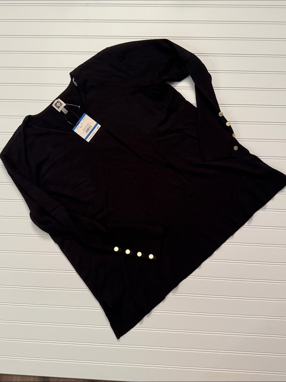 NWT Anne Klein Black V-Neck Sweater Gold Button Cuffs XL